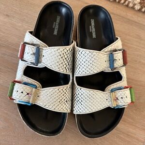 Zadig & Voltaire Cream Snake-Embossed Slide Sandals with Multicolor Buckles